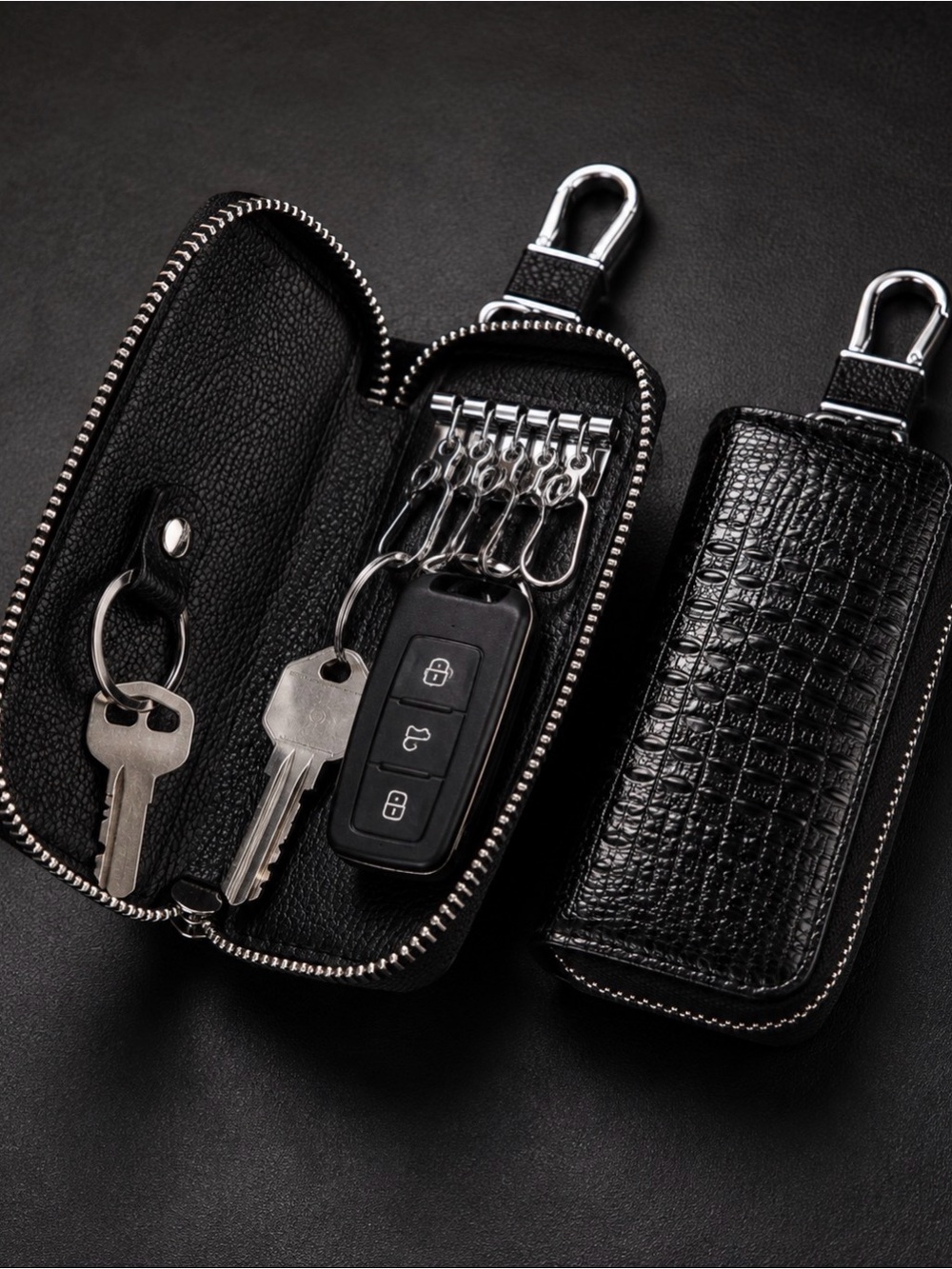 Black Croc Embossed Zip Around Key Case Key Organizer with Clip